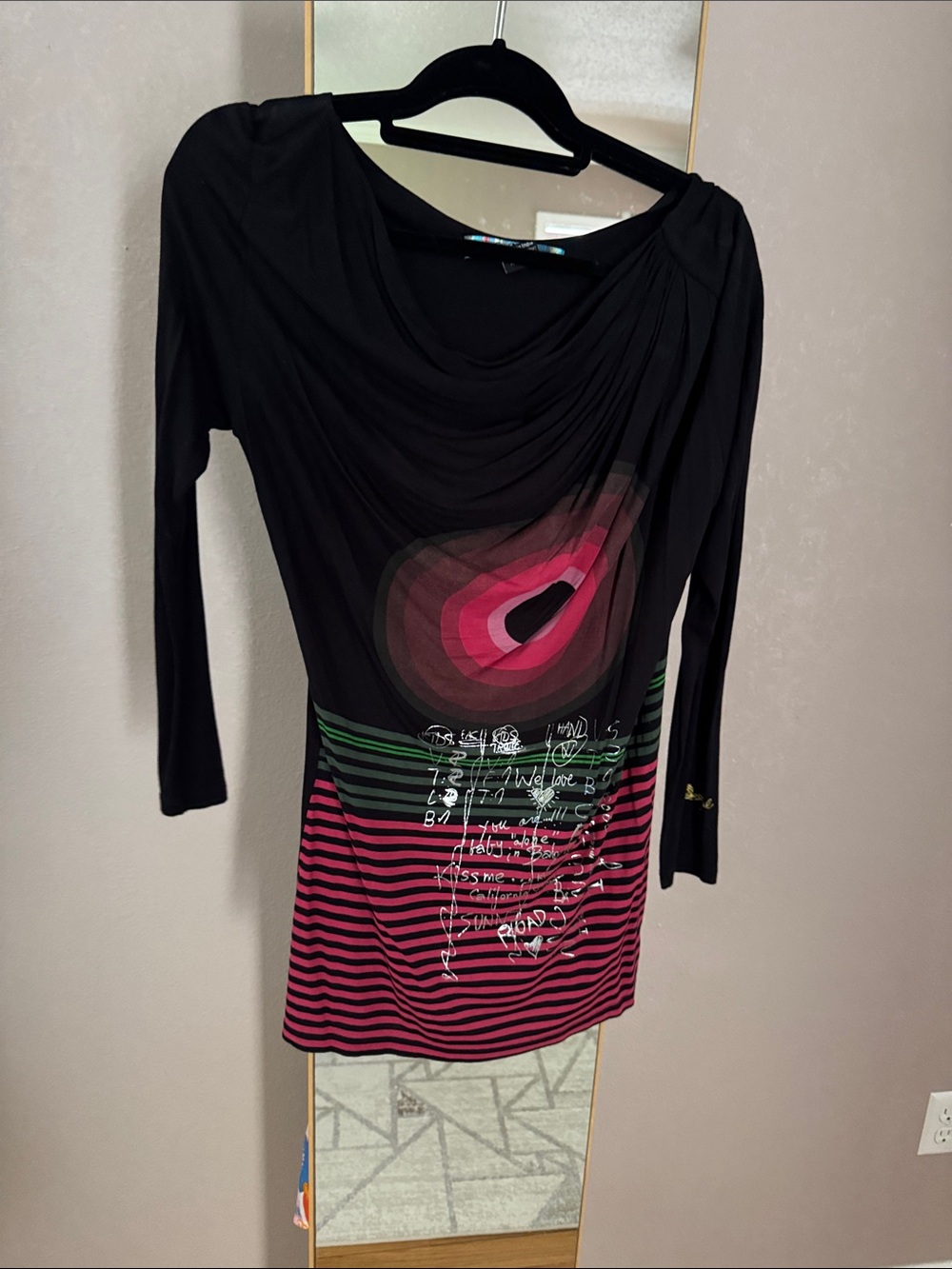 Desigual Black Long Sleeve Top with Pink and Green Graphic